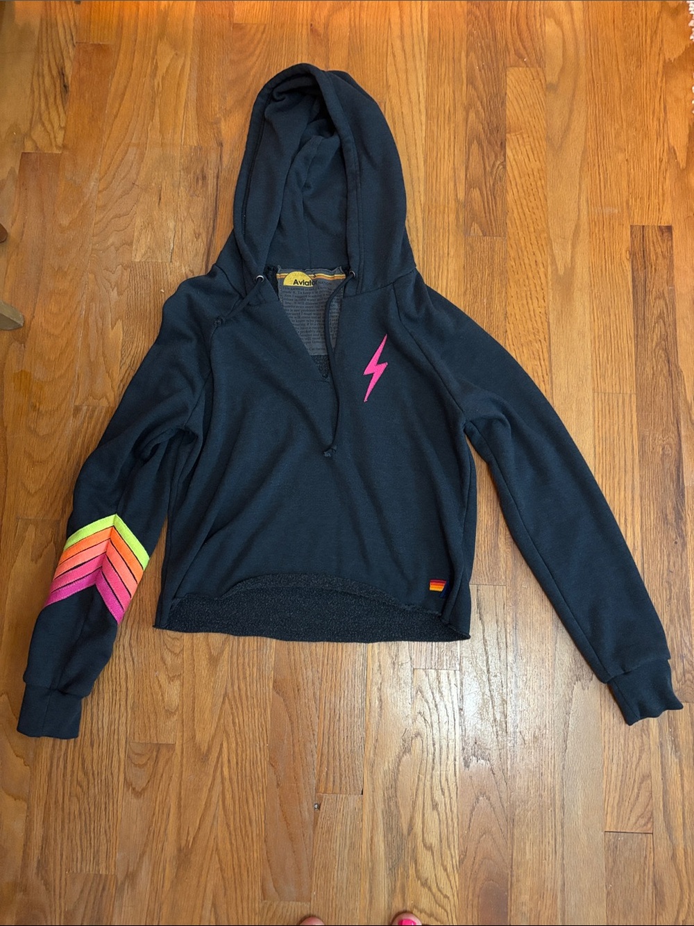 Aviator Nation Navy Hoodie with Neon Pink Bolt and Rainbow Chevron Sleeve